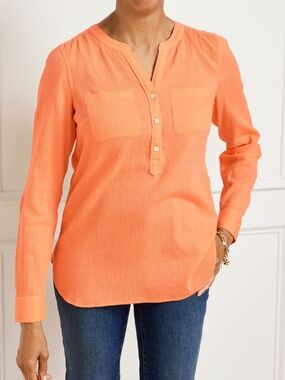 Talbots Soft Peach Gauze Band Collar Popover 2X